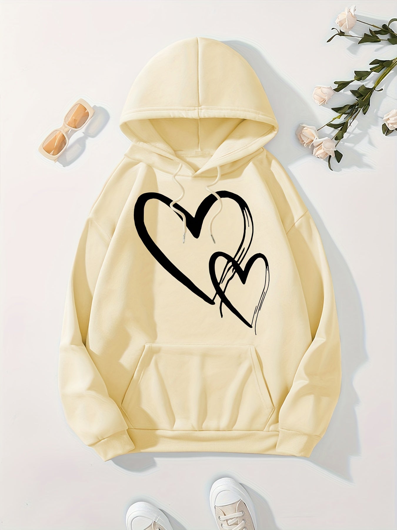 Heart Print Drawstring Hooded Sweatshirt, Slight Stretch With Pocket Loose Sporty Hoodie, Women's Activewear