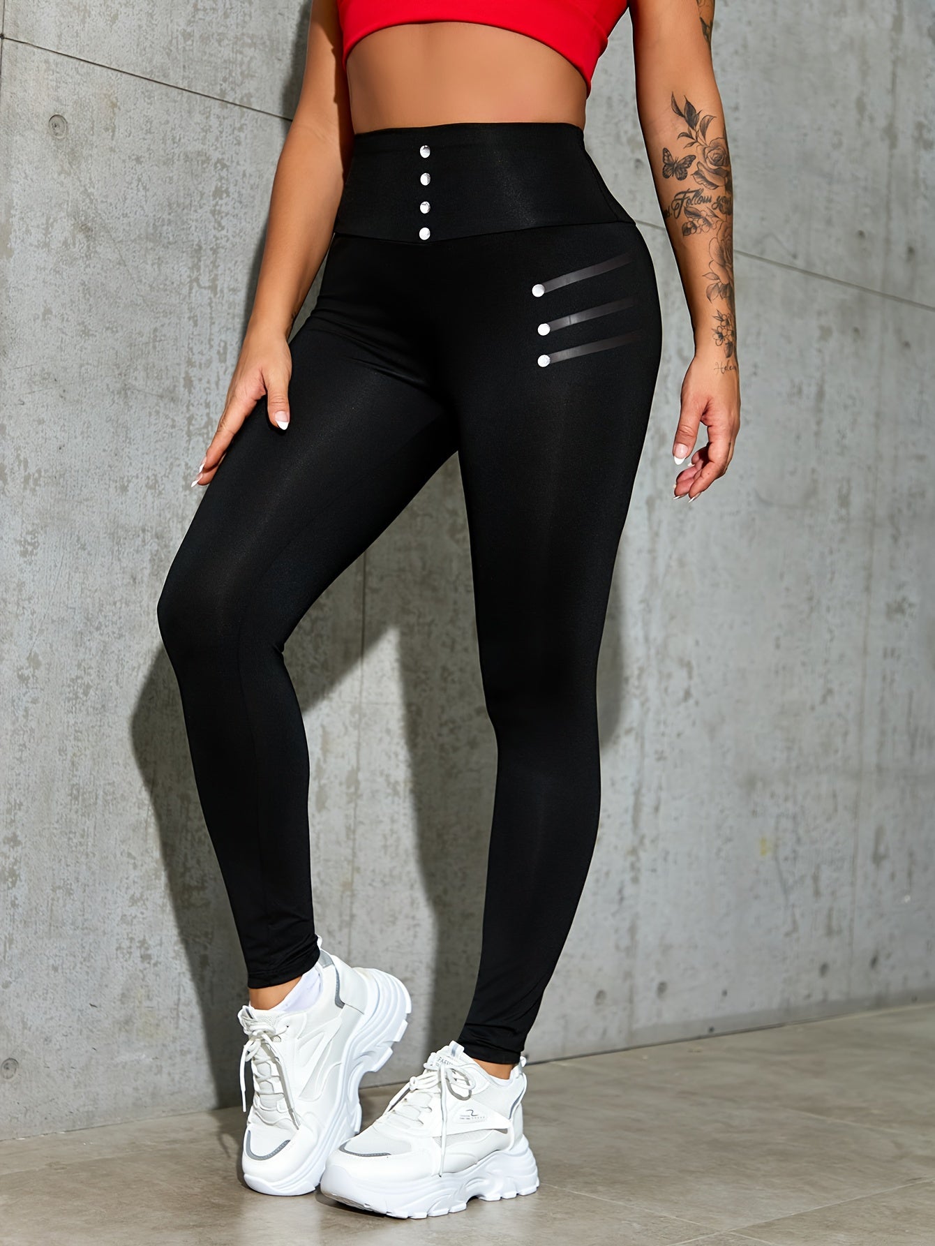 Leggings deportivos de talla grande, leggings para correr de talle alto con cintura ancha y botones falsos sólidos para mujer, adecuados para primavera/otoño