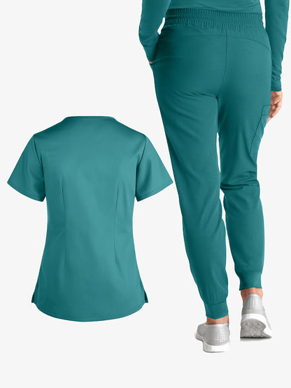 Stylish Solid Two-Piece Scrub Set - Women's Medical Uniform, Elegant V-Neck Short Sleeve Top & Drawstring Pants Outfit with Comfortable Fabric for Healthcare Professionals - Easy Care, Breathable, and Relaxed Fit