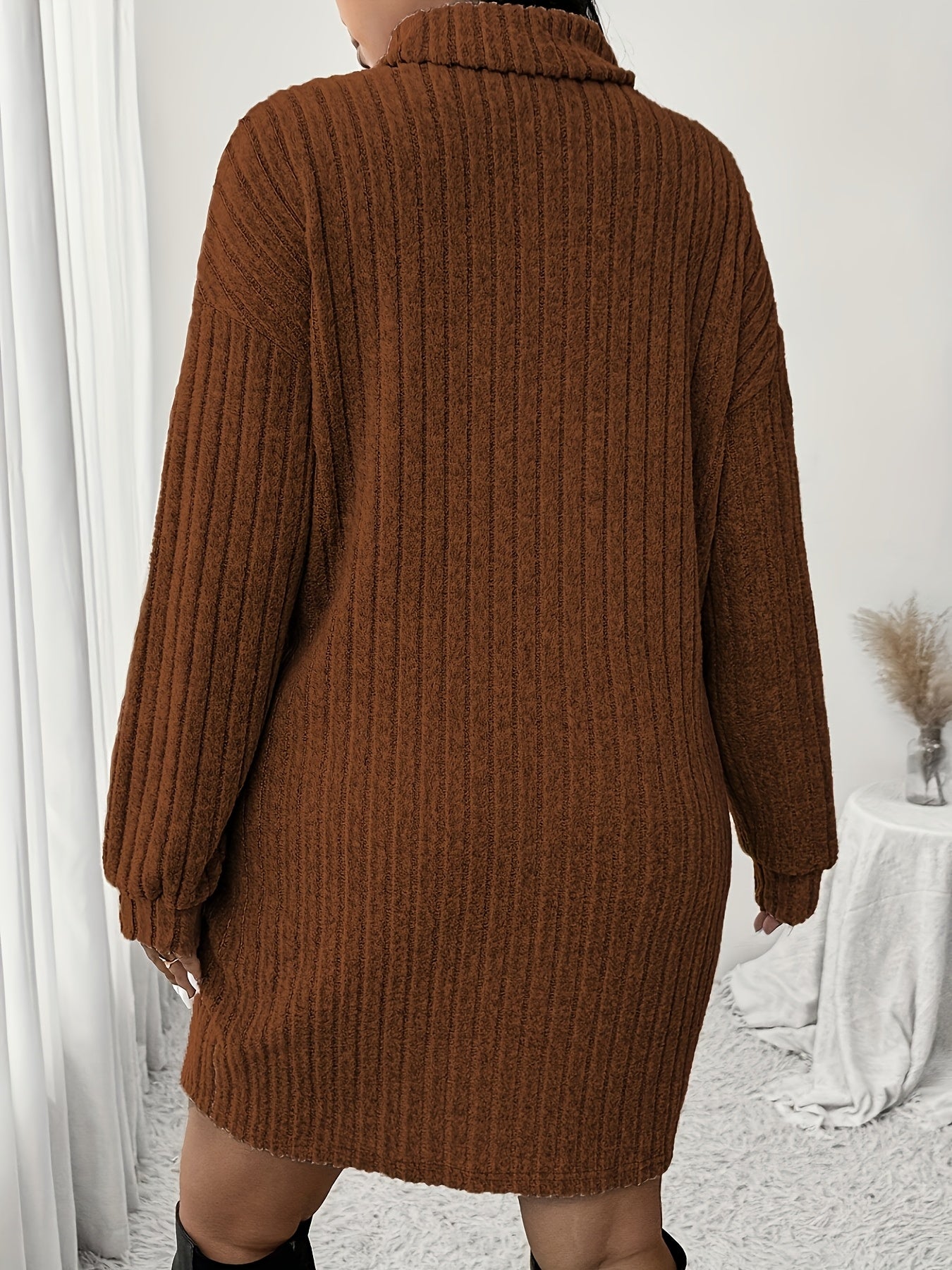 Women'S Plus Size High Neck Rib-Knit Knit Dress, Casual Long Sleeve Knee-Length Pullover