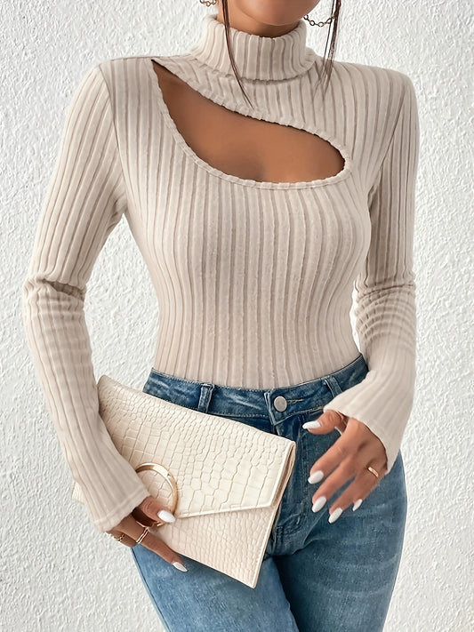 Turtle Neck Sweater - Elegant, Slim-Fit, Long Sleeve, Solid Color, Cut Out Design, Fall and Winter Essential, Women's Clothing