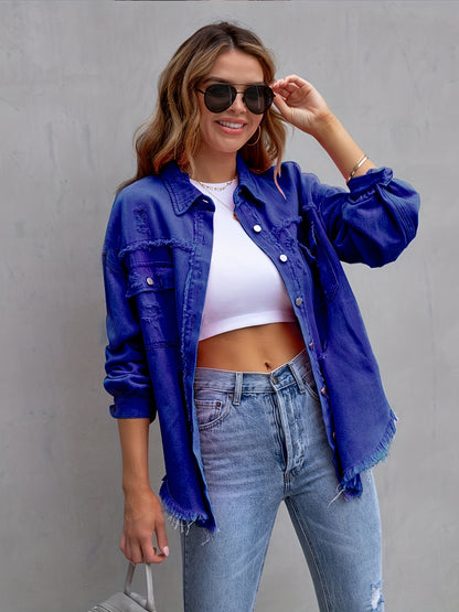 Plus-Size Distressed Denim Blazer Jacket for Women - Ripped Knee, Relaxed Fit, Casual Chic Style - Perfect for Summer Outings and Streetwear Fashion