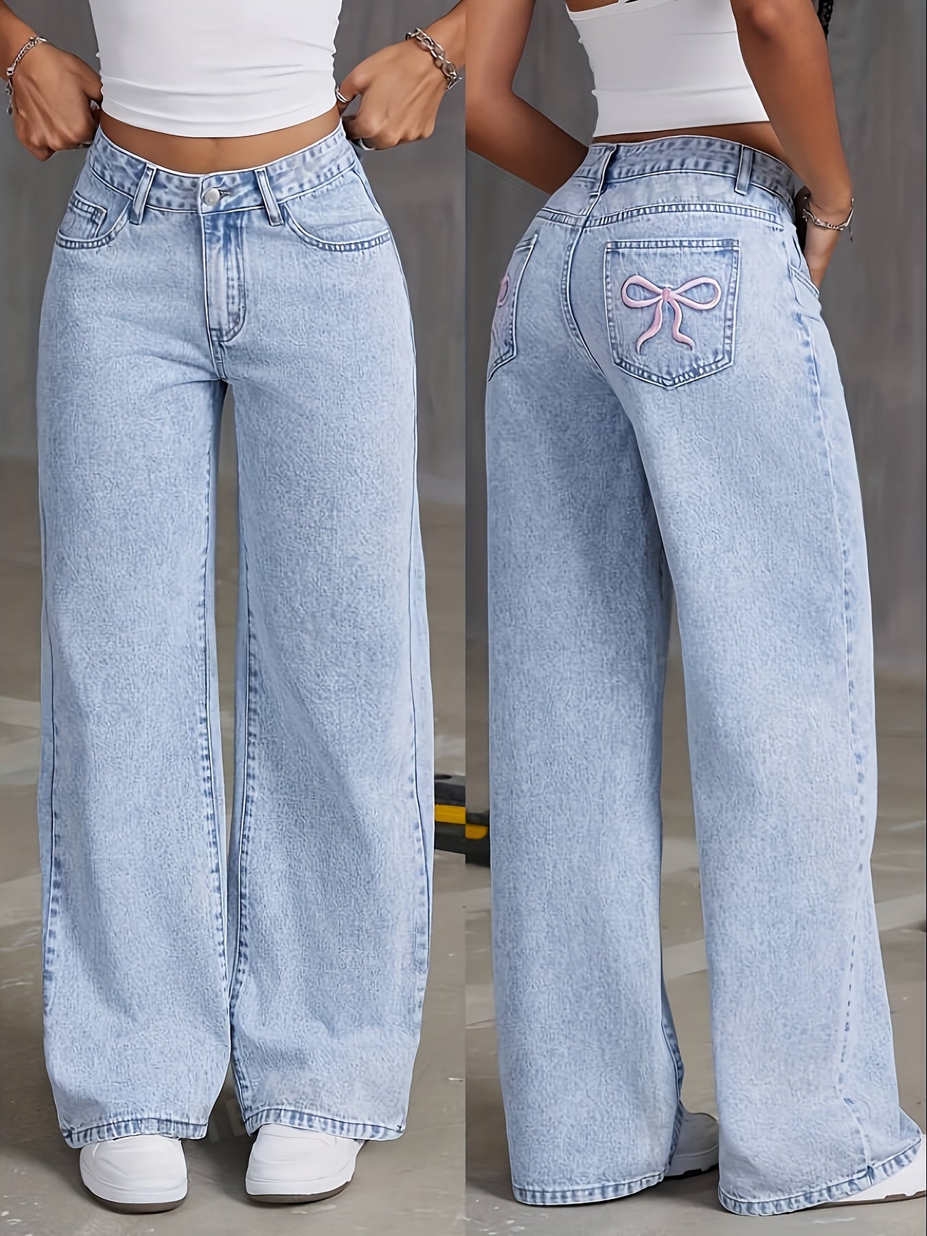 Embroidered Bow Washed Denim Jeans For Women - Mid-waisted Straight-leg Trousers, High-end Feel Niche Street