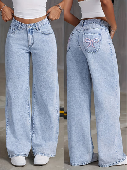 Embroidered Bow Washed Denim Jeans For Women - Mid-waisted Straight-leg Trousers, High-end Feel Niche Street