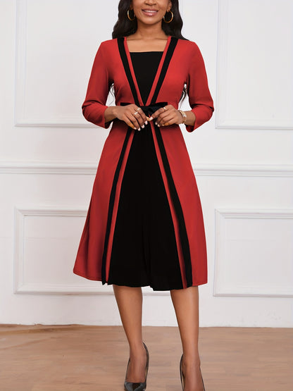 Plus Size Chic Colorblock Dress - Flattering Cinched Waist & Long Sleeves - Versatile Elegance for Any Occasion, Ideal for Curvy Fashion
