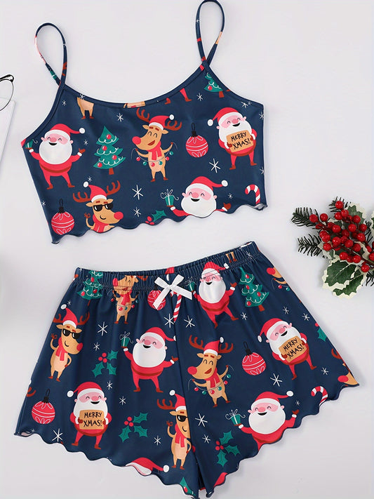 Conjunto de pijama para mujer con bonito estampado de dibujos animados navideños, top y pantalones cortos con ribete de lechuga