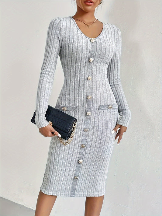 Ribbed Button Decor Dress, Casual Long Sleeve Bodycon Dress, Women's Clothing