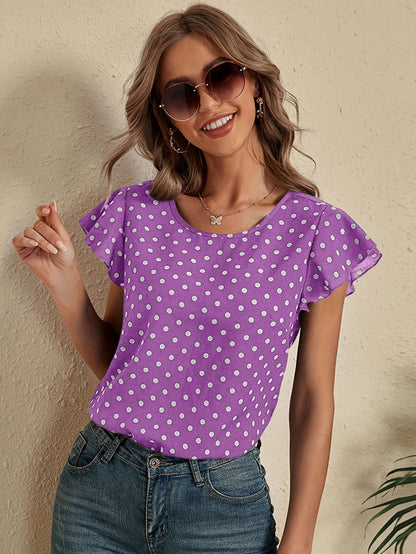 Delicate Pin-Dot Print Flutter Sleeve Blouse - Lightweight & Feminine Crew Neck Top for Spring & Summer - A Trendy Casual Wardrobe Essential for Women