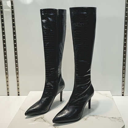 Knee-High Boots - Sexy Glossy Croc-Embossed Stiletto Heels