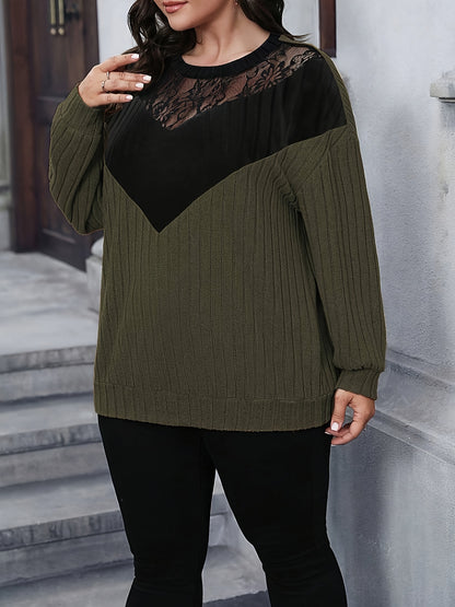 Plus Size Contrast Lace Color Block Sweatshirt, Casual Long Sleeve Crew Neck Pullover Sweatshirt