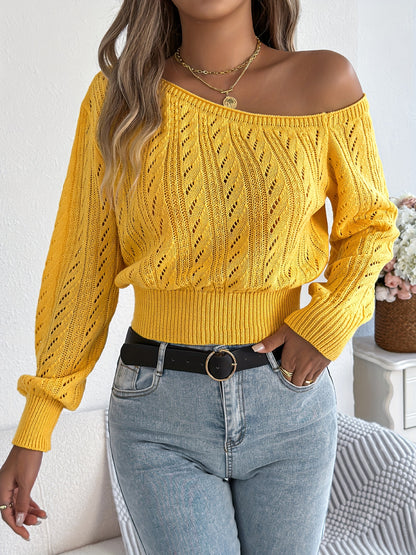 Cozy Chic Off-Shoulder Knit Sweater for Women - Soft, Long Sleeve Pullover with Hollow-Out Design, Perfect for Fall and Winter Seasons, Casual Daily Wear, Outdoor Activities, and Gift Ideas