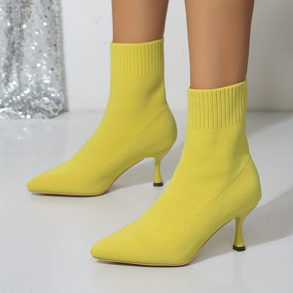 Stiletto Ankle Boots, Fashion Solid Color Knitted Slip On High Heeled Boots