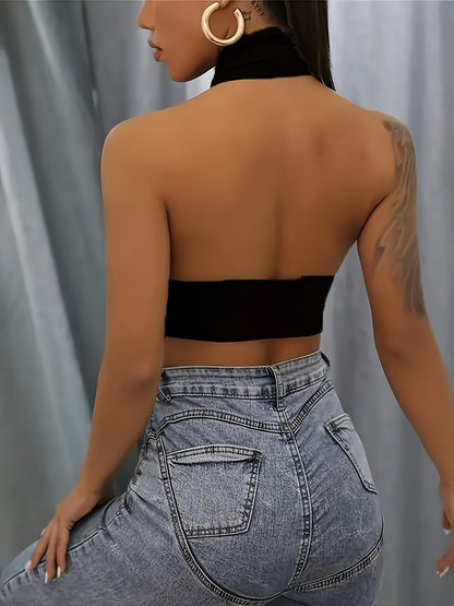 Stretchy Cut Out Cross Halter Top, Sexy Backless Crop Top