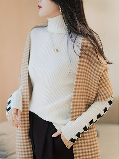 Trendy Plaid Turtle Neck Pullover Sweater - Cozy Long Sleeve Slim Fit - Versatile Womens Winter Fashion