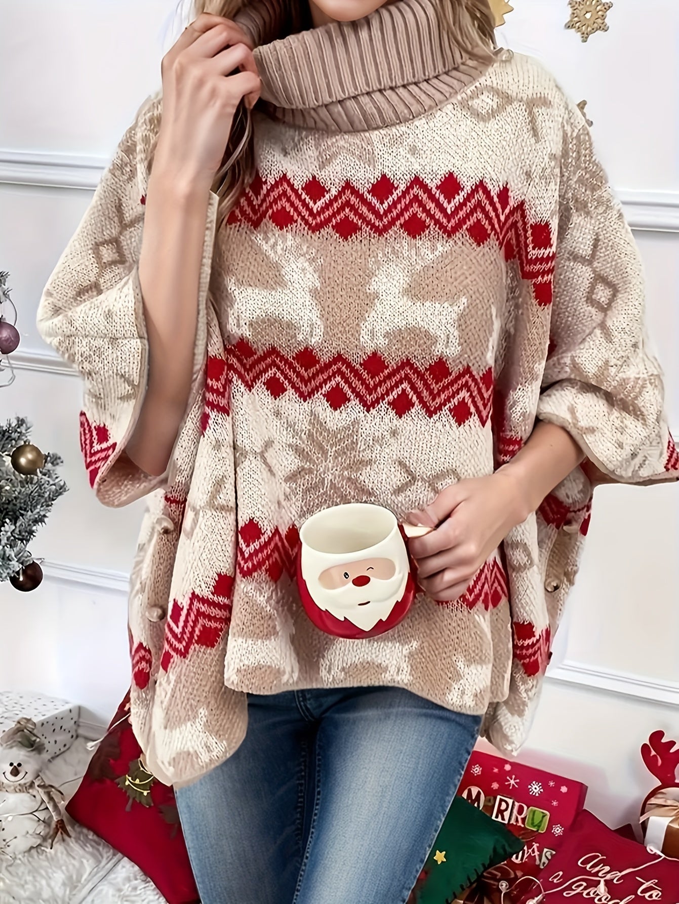 Suéter elegante de cuello alto con estampado navideño y manga larga para otoño e invierno, ropa de mujer