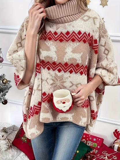 Suéter elegante de cuello alto con estampado navideño y manga larga para otoño e invierno, ropa de mujer