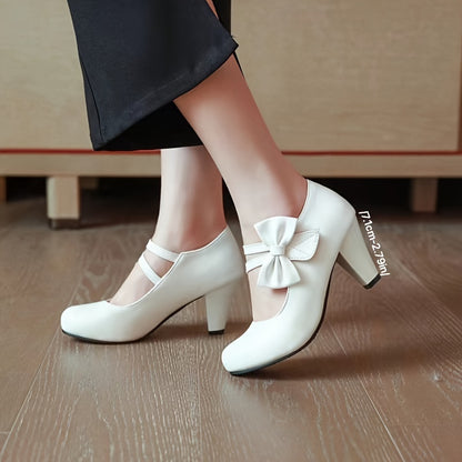 Chic Womens Bow Accent High Heel Pumps - Dashing Solid Colors, Chunky Comfort Heels for All-Occasion Glamour - Perfect Dress Shoes for Uniform Style