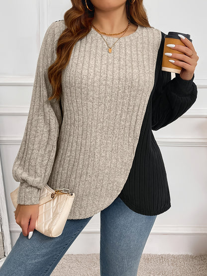 Plus Size Elegant Ribbed Knit T-Shirt - Stretchy & Soft, Long Sleeve with Asymmetrical Hem, Round Neck, Beige & Black Patchwork