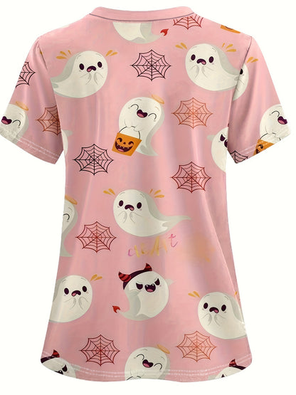 Cute Halloween Ghost Print V-Neck Scrub Top with Pockets - Comfortable & Stylish Women's Nurse Uniform, Short Sleeve