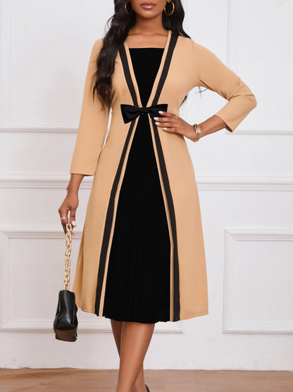Plus Size Chic Colorblock Dress - Flattering Cinched Waist & Long Sleeves - Versatile Elegance for Any Occasion, Ideal for Curvy Fashion