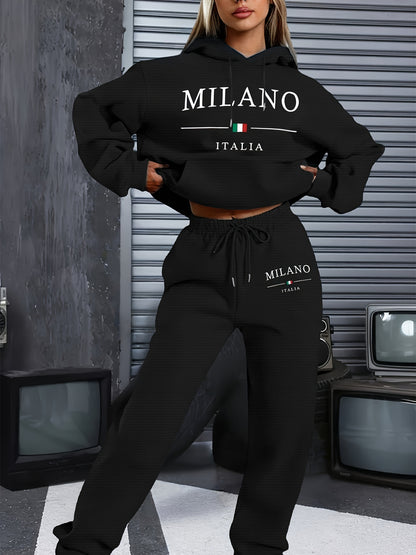 1 juego de sudadera y pantalón deportivo informal para mujer con temática de Milán, Italia, jersey de manga larga con capucha, estampado de dibujos animados, tejido de punto de poliéster, bolsillos, para otoño/invierno