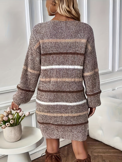 Elegant Striped Knit Midi Dress with Lantern Sleeves - Crew Neck, Acrylic Fiber
