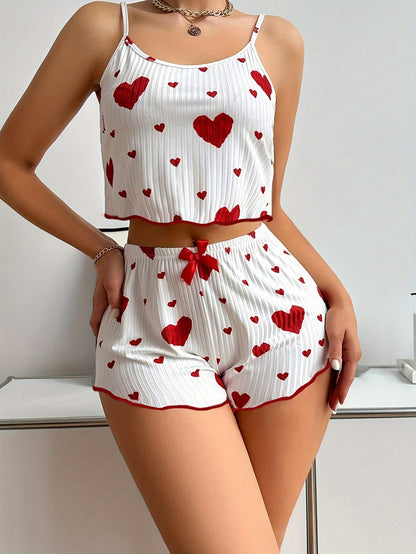 Adorable Heart Print Casual Short PajamaSet