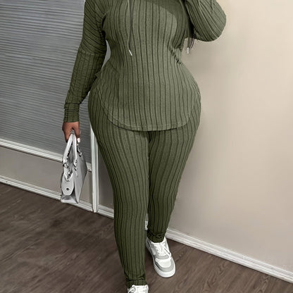 Conjunto de moda de talla grande para mujer, tejido de punto 100 % poliéster con elasticidad media, sudadera con capucha de color sólido y pantalones con detalle de cordón