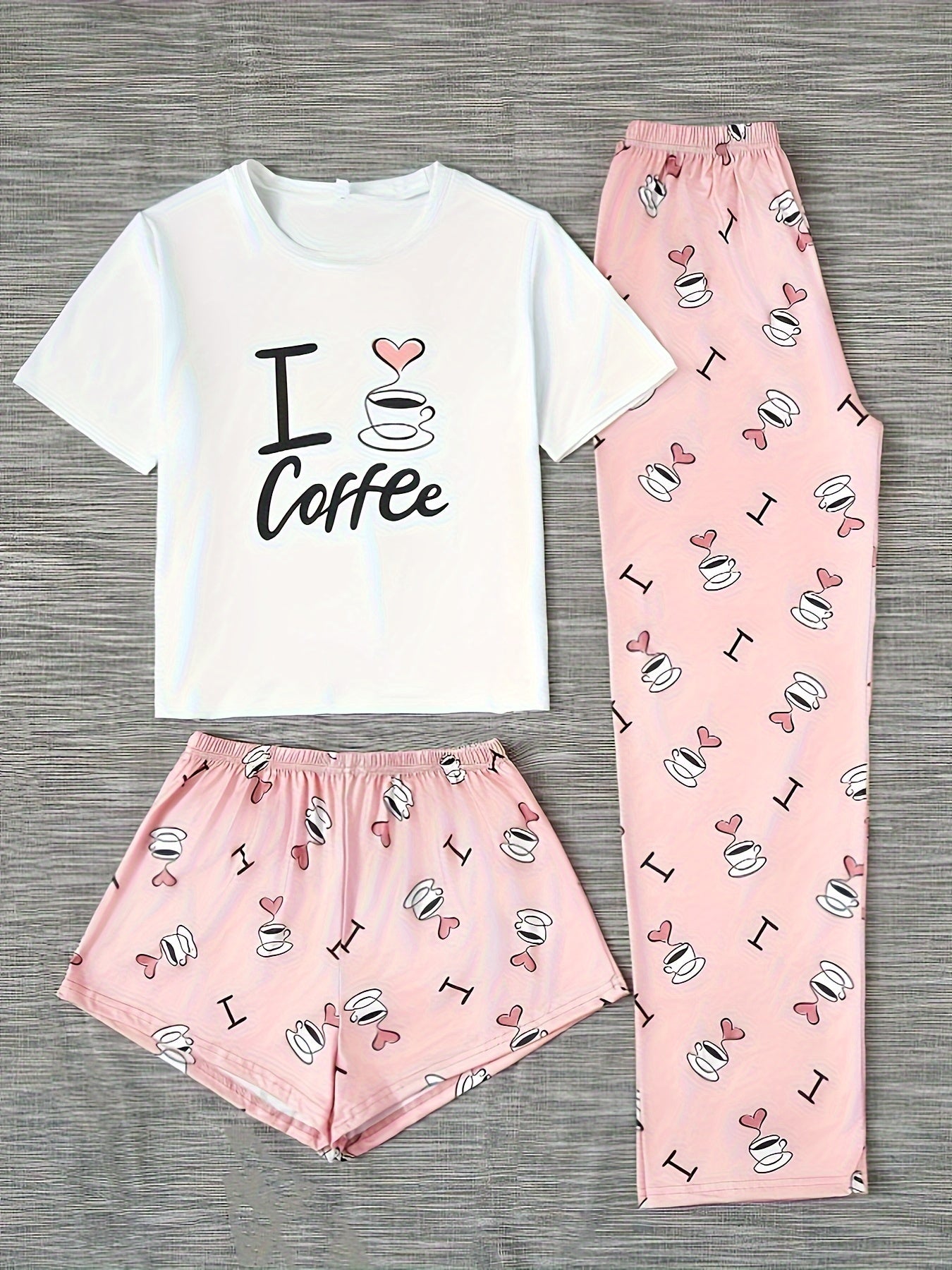 Women's Homewear Casual Coffee Print Cute Sweet Short Sleeve Shorts Pants Three-pcs Pajama Set - LuxyXO