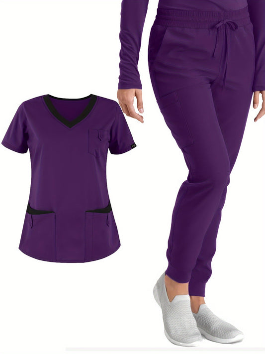 Two-Piece Solid Scrub Set - Elegant V-Neck Top and Drawstring Pants Outfit with Comfortable Fabric, Medical and Health Care Uniform for Women, Classic Design, Easy Care, and Professional Look