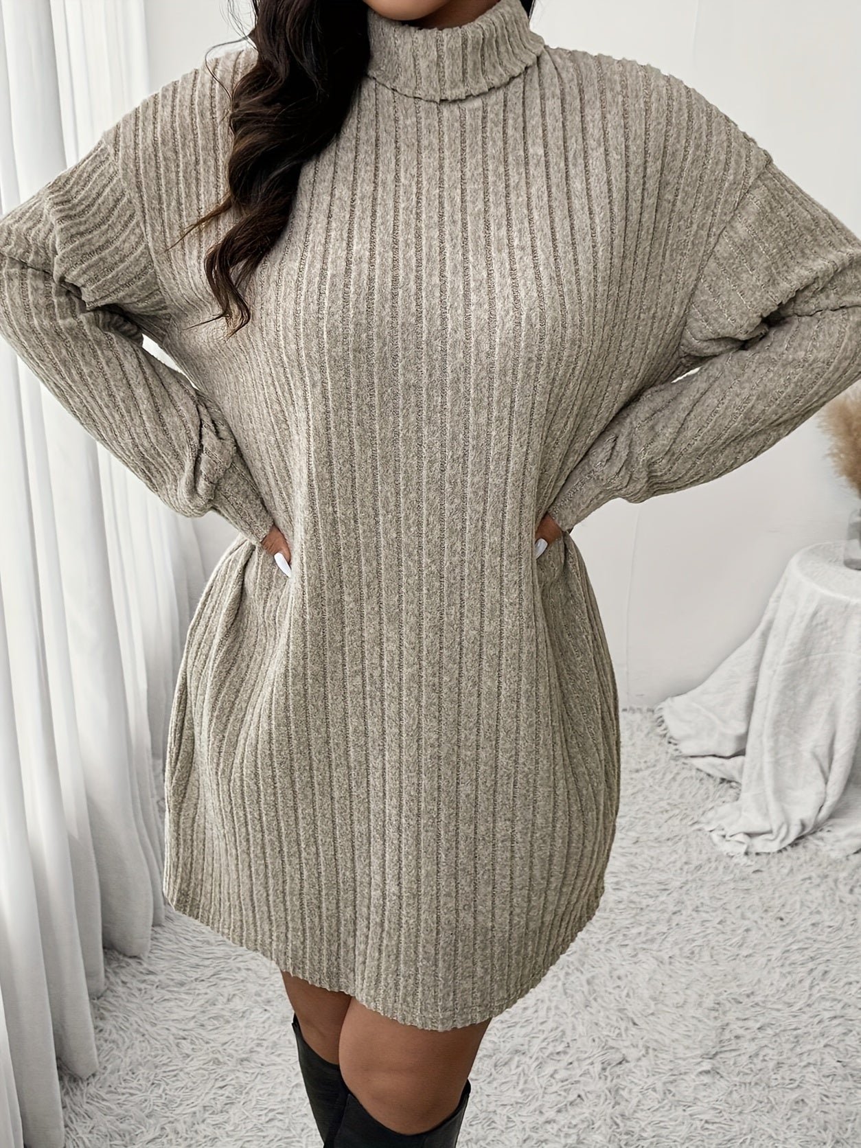 Women'S Plus Size High Neck Rib-Knit Knit Dress, Casual Long Sleeve Knee-Length Pullover