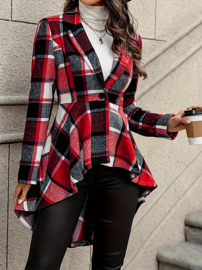 1pc Elegant Plaid Lapel Jacket for Women, Long Sleeve Asymmetrical Flare Coat, Casual Polyester Color Block Woven Outerwear for Fall/Winter