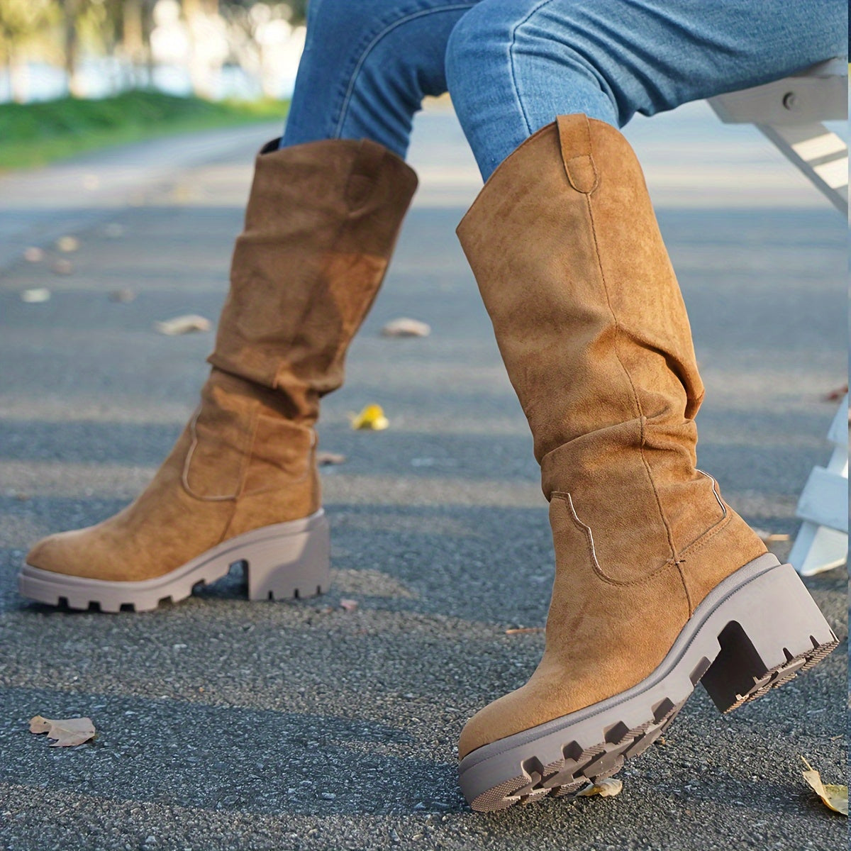 [1 pieza de botas de media pantorrilla para mujer] Botas de media pantorrilla para mujer, de color sólido, sin cordones, con punta redonda, tacón de bloque, parte superior de tela, suela interior, tacón alto, suela de goma