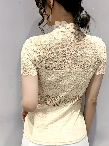 Blusa de encaje Paisley, elegante blusa de manga corta con cuello alto y color liso, ropa de mujer