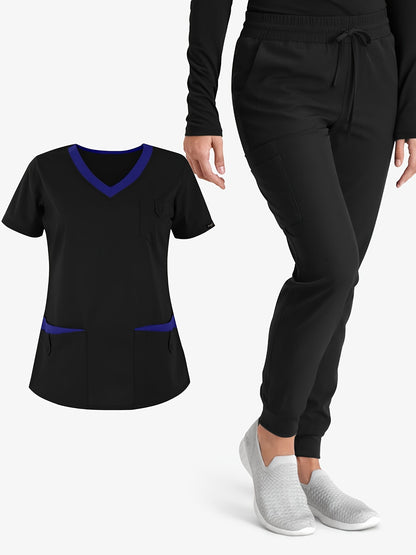 Two-Piece Solid Scrub Set - Elegant V-Neck Top and Drawstring Pants Outfit with Comfortable Fabric, Medical and Health Care Uniform for Women, Classic Design, Easy Care, and Professional Look