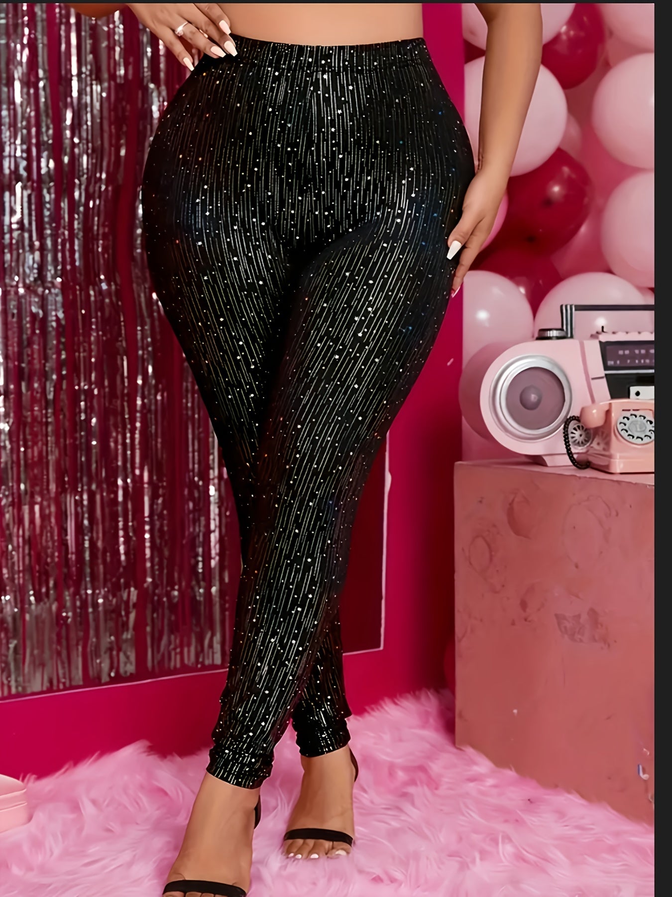 Women'S Plus Size Digital Print Sequin Stretch Skinny Pants, Elegant Knit Fabric, Medium Stretch