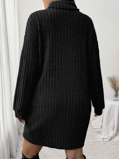 Women'S Plus Size High Neck Rib-Knit Knit Dress, Casual Long Sleeve Knee-Length Pullover