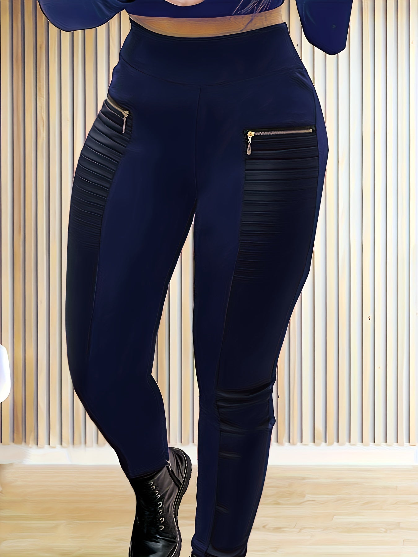 Leggings ajustados de talla grande, tejido de punto de poliéster con detalle de cremallera, pantalones elásticos de color sólido