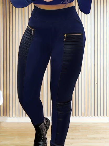 Leggings ajustados de talla grande, tejido de punto de poliéster con detalle de cremallera, pantalones elásticos de color sólido