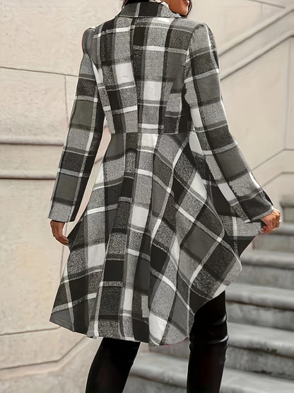 1pc Elegant Plaid Lapel Jacket for Women, Long Sleeve Asymmetrical Flare Coat, Casual Polyester Color Block Woven Outerwear for Fall/Winter