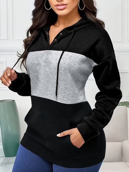 Drop Shoulder Color Block Hoodie, Casual Long Sleeve Hoodies Sweatshirt, Women's Clothing