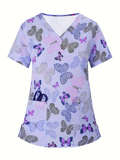 Women's Cartoon Animal Print V-Neck Scrub Top with Pockets - Breathable Polyester & Elastane Blend, Machine Washable - Perfect for Nurses & Healthcare Professionals