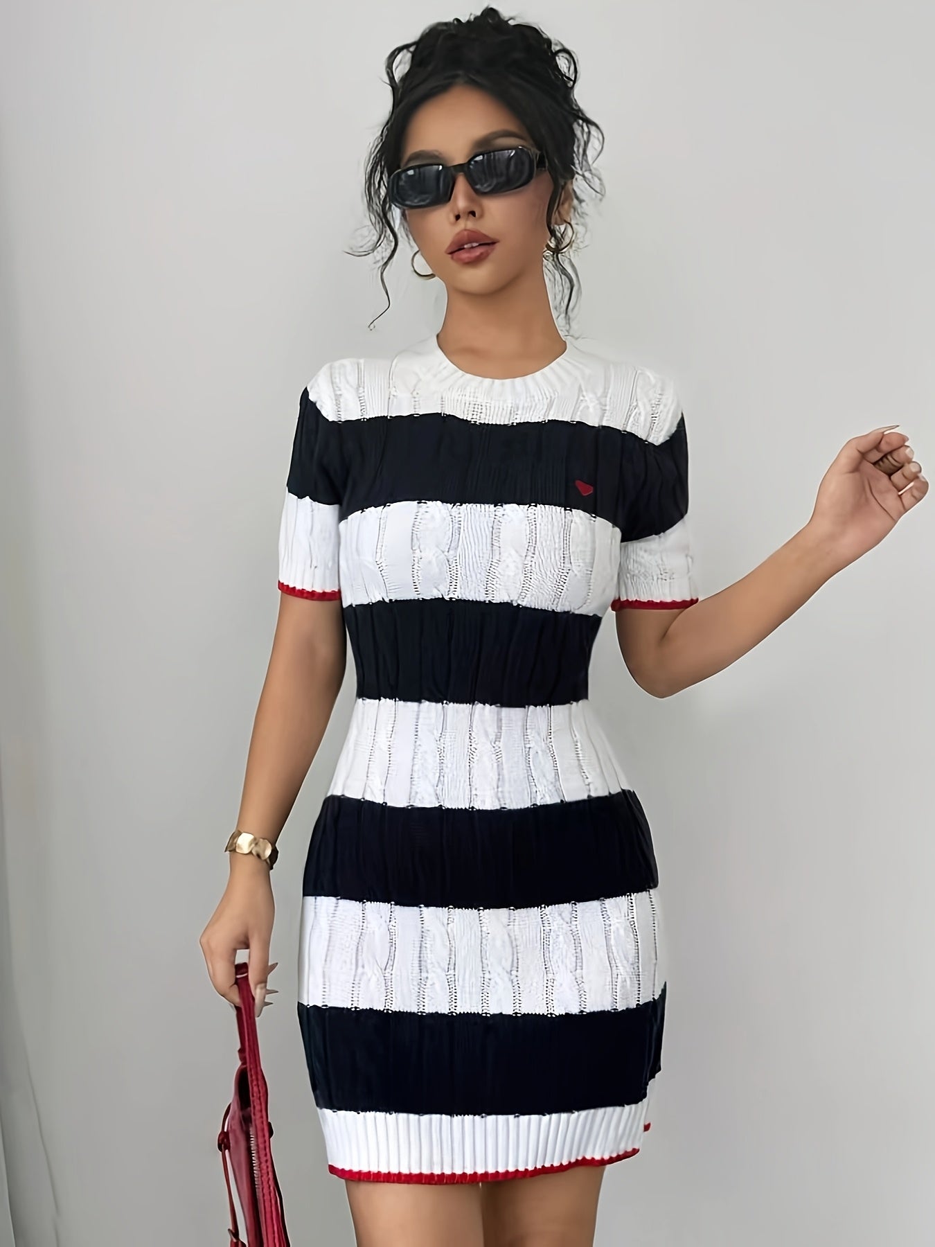 Chic Striped Knit Mini Dress for Women - Casual Short Sleeve, Round Neck with Color block Detail