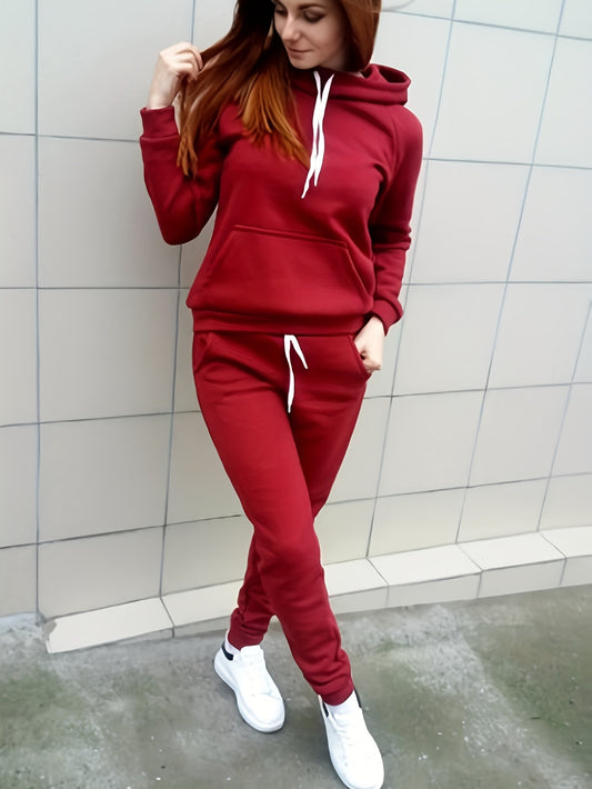 Trendy Solid Womens Two-Piece Set - Comfy Hoodie with Kangaroo Pockets & Drawstring Pants Outfit