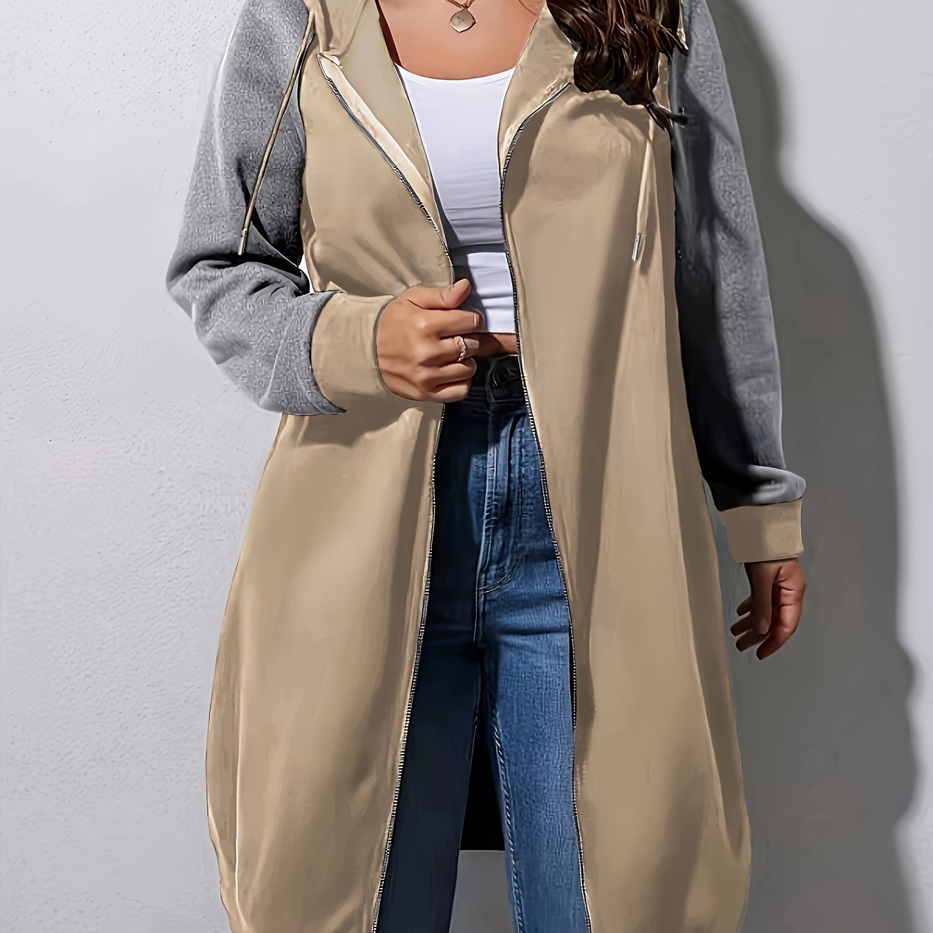 Plus Size Color Block Hooded Coat, Casual Drawstring Zipper Front Long Sleeve Outerwear For Fall, Women's Plus Size Clothing