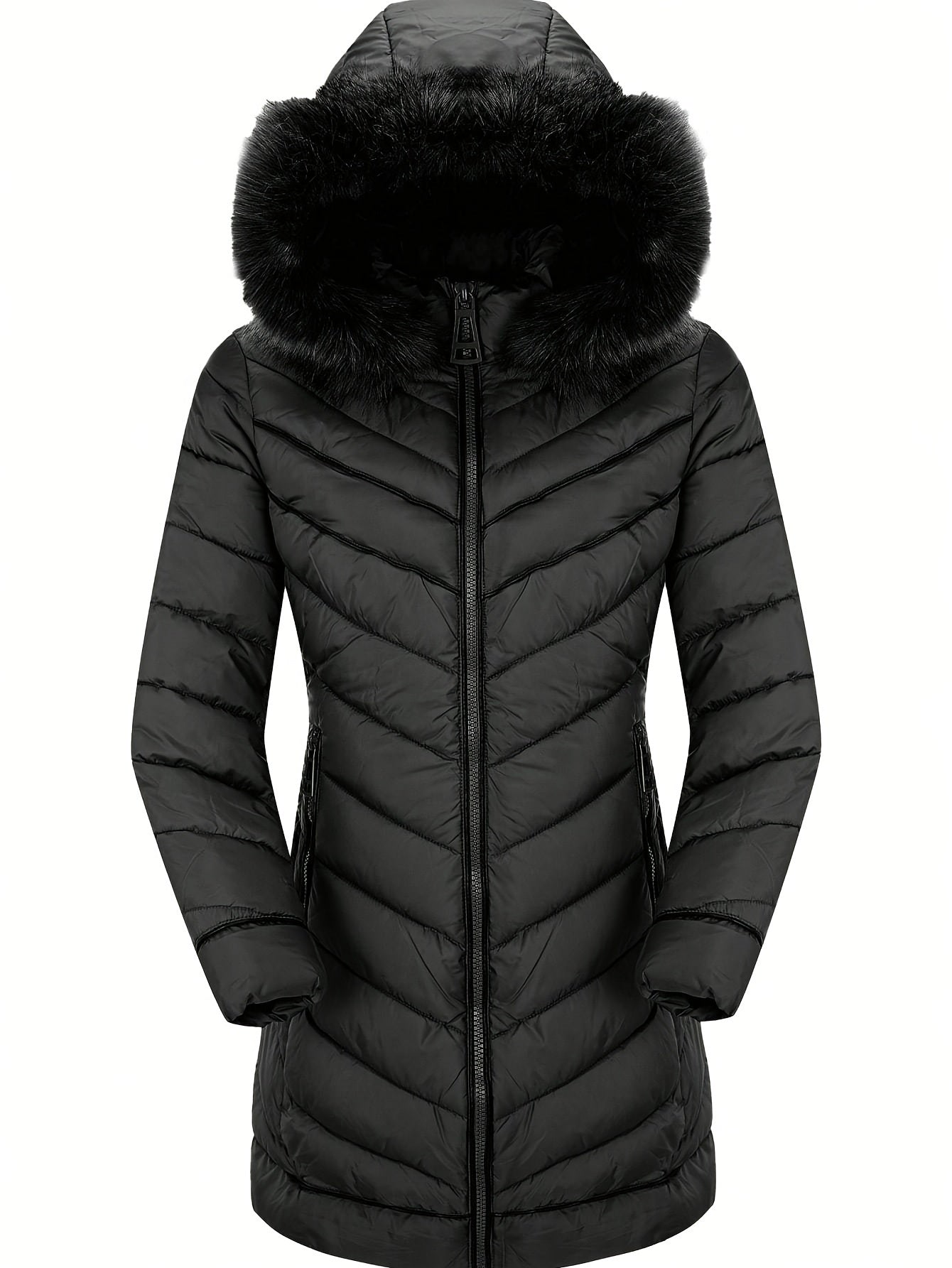 Zip-up Faux Fur Trim Hoodie Puffy Coat, Casual Thermal Long Sleeve Coat For Fall & Winter, Women's Clothing