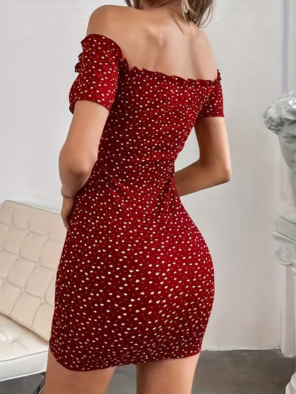 Impresionante vestido con hombros descubiertos y estampado de corazones: ropa de mujer con elegante manga corta, ribete en forma de lechuga, estilo Y2K coqueto para vestirse de fiesta, moda linda y elegante para damas