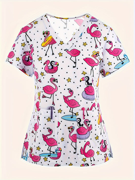 Flamingo Chic - Womens V Neck Scrub Top with Short Sleeves - Fashionable Medical Clothing for Casual to Professional Wear