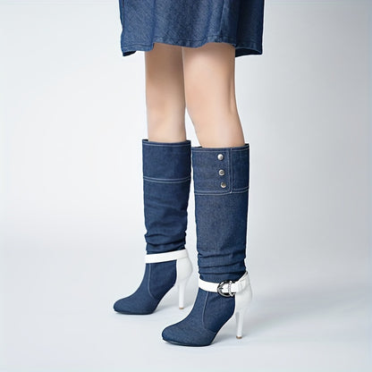 Women's Chic Denim Knee High Boots with Mid Heel Flare, Round Toe & Stylish Buckle Accent – Versatile and Comfortable - LuxyXO