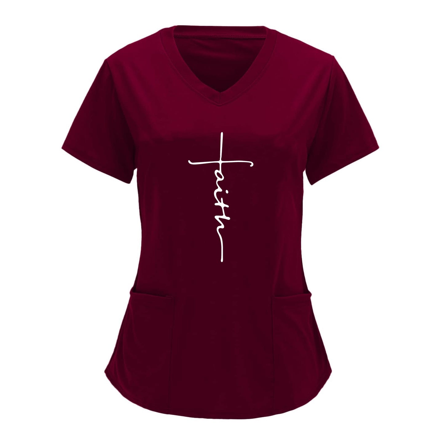 Fashionable womens letter print V-neck scrubs top with patch pockets, short sleeves, and a "faith" graphic in red wine color.